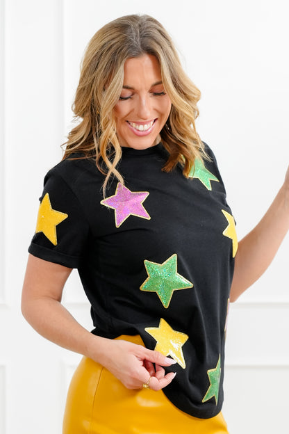 Plus/Reg Sequin Stars Patch Short Sleeve Tee