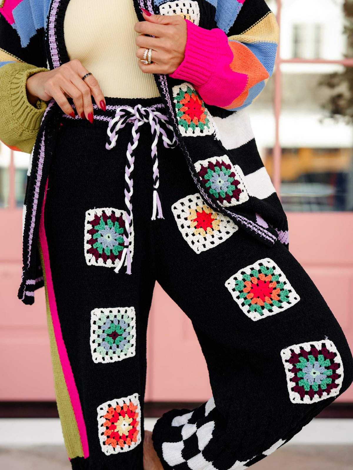 POL Knit Elastic Waist Pants with Crochet Granny Square Detail - Freckled Poppy