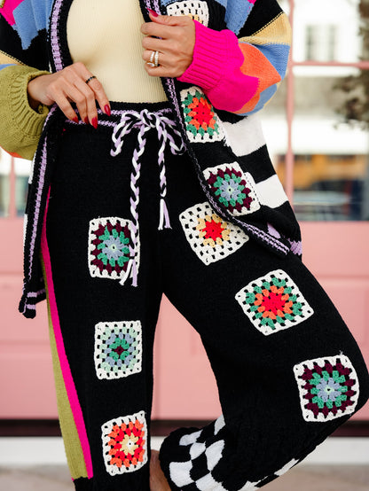 POL Knit Elastic Waist Pants with Crochet Granny Square Detail - Freckled Poppy
