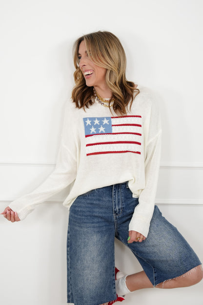 Long Sleeve American Flag Pullover Sweater