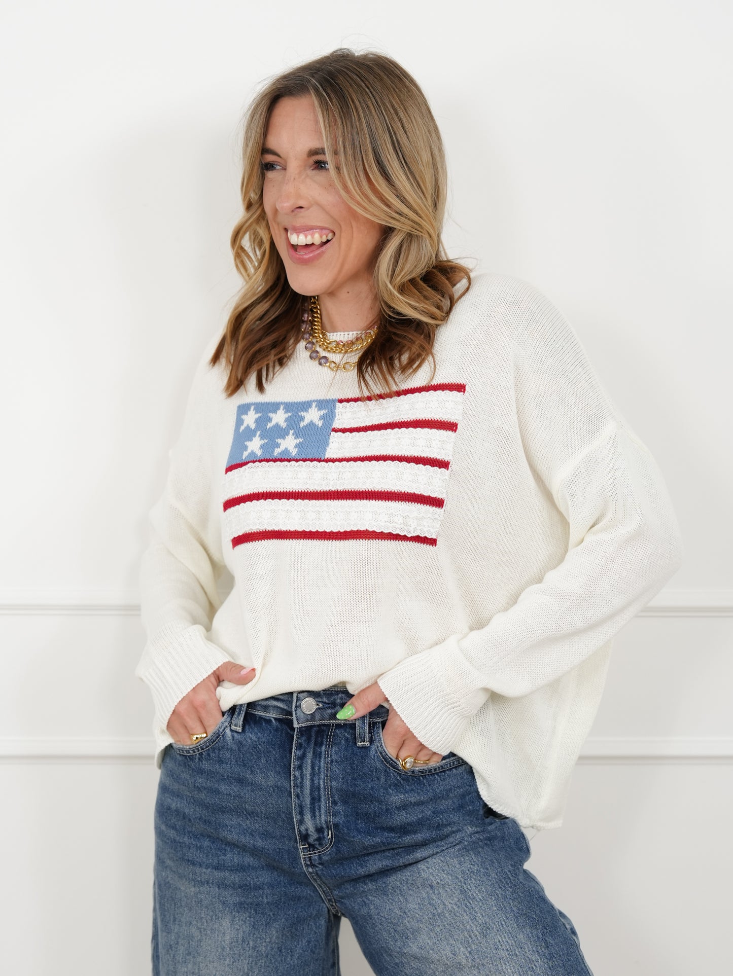 Long Sleeve American Flag Pullover Sweater