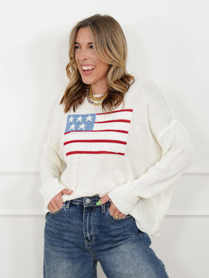 Long Sleeve American Flag Pullover Sweater