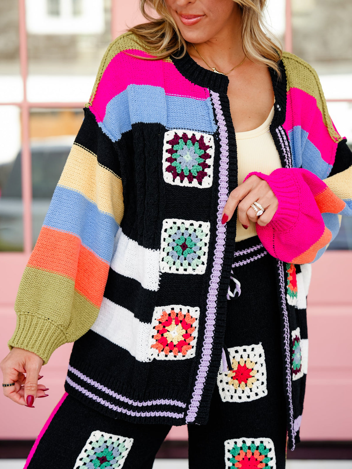 POL Granny Square Crochet Striped Open Knit Cardigan - Freckled Poppy