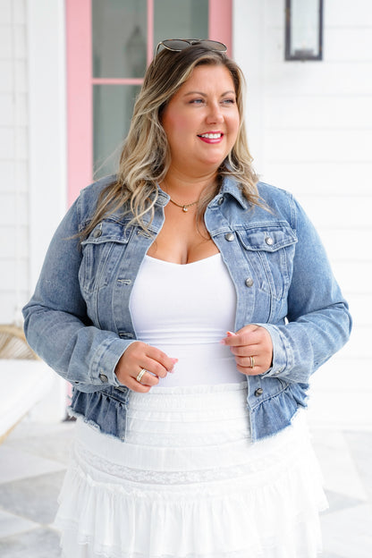 Restock! Long Sleeve Button Down Jacket with Ruffle Hem Detail