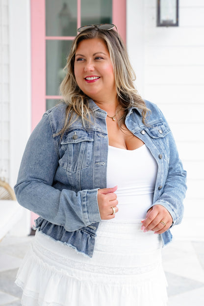 Restock! Long Sleeve Button Down Jacket with Ruffle Hem Detail