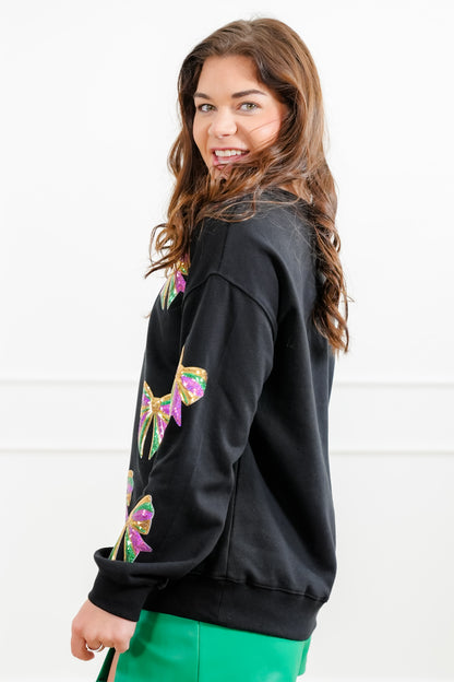 Plus/Reg Sequin Mardi Gras Bows Pullover Sweatshirt