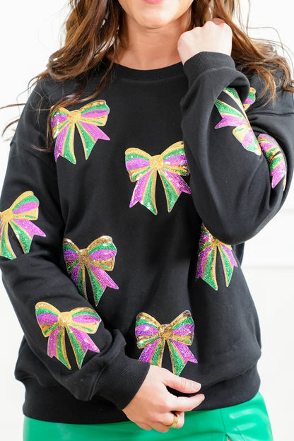 Plus/Reg Sequin Mardi Gras Bows Pullover Sweatshirt