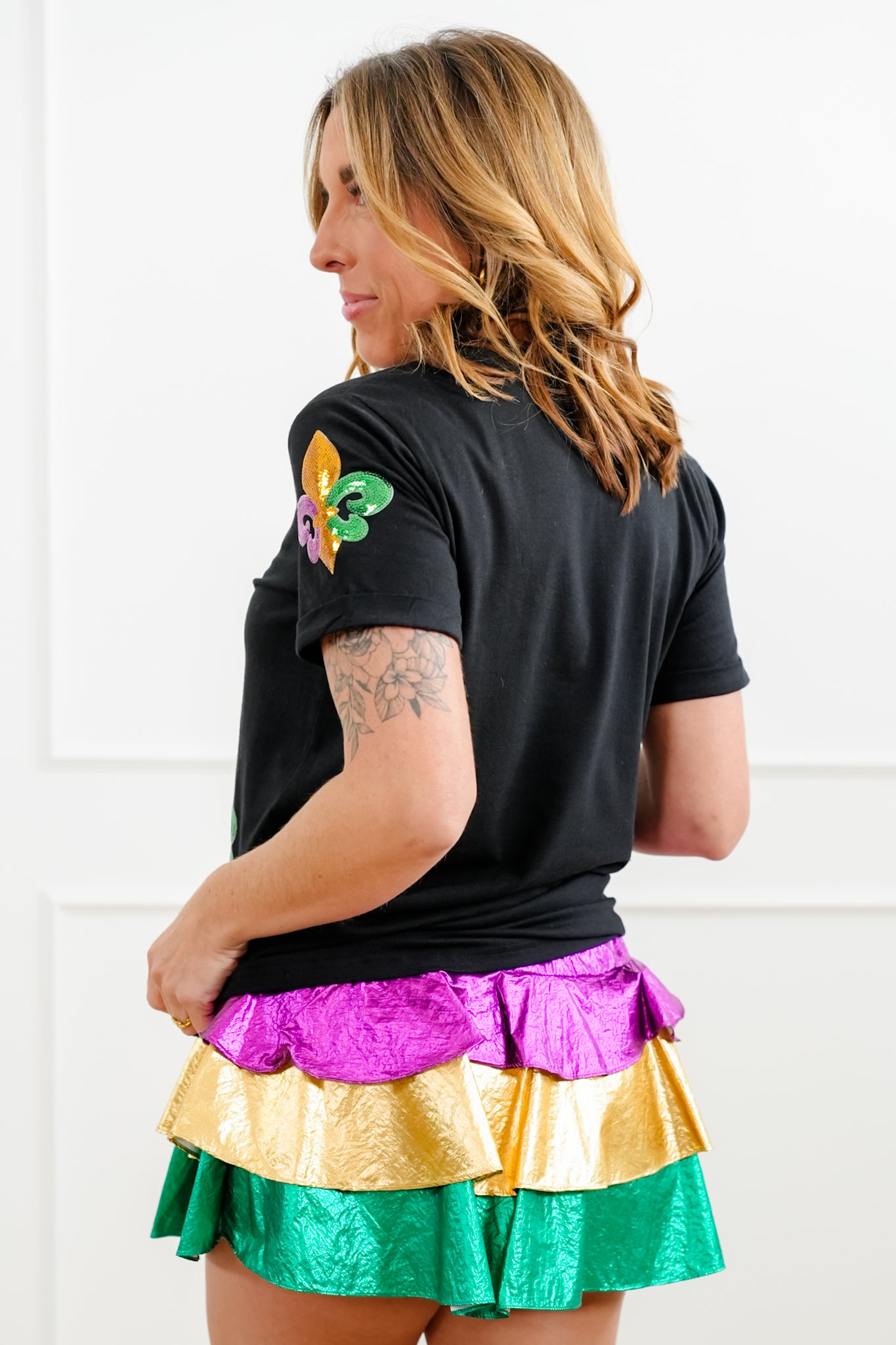 Plus/Reg All Over Sequin Fleur De Lis Patch Short Sleeve Top