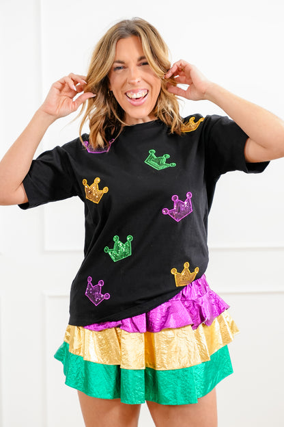 Black Short Sleeve Tee with Sequin Crown Patch Detail
