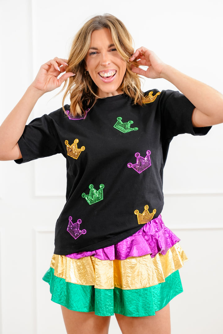 Black Short Sleeve Tee with Sequin Crown Patch Detail