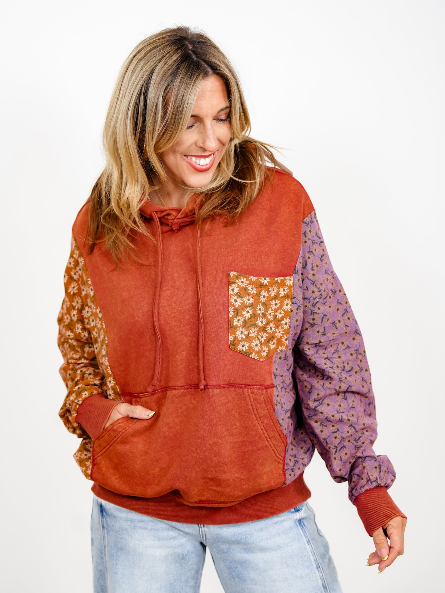 Floral Color Block Long Sleeve Pullover Hoodie