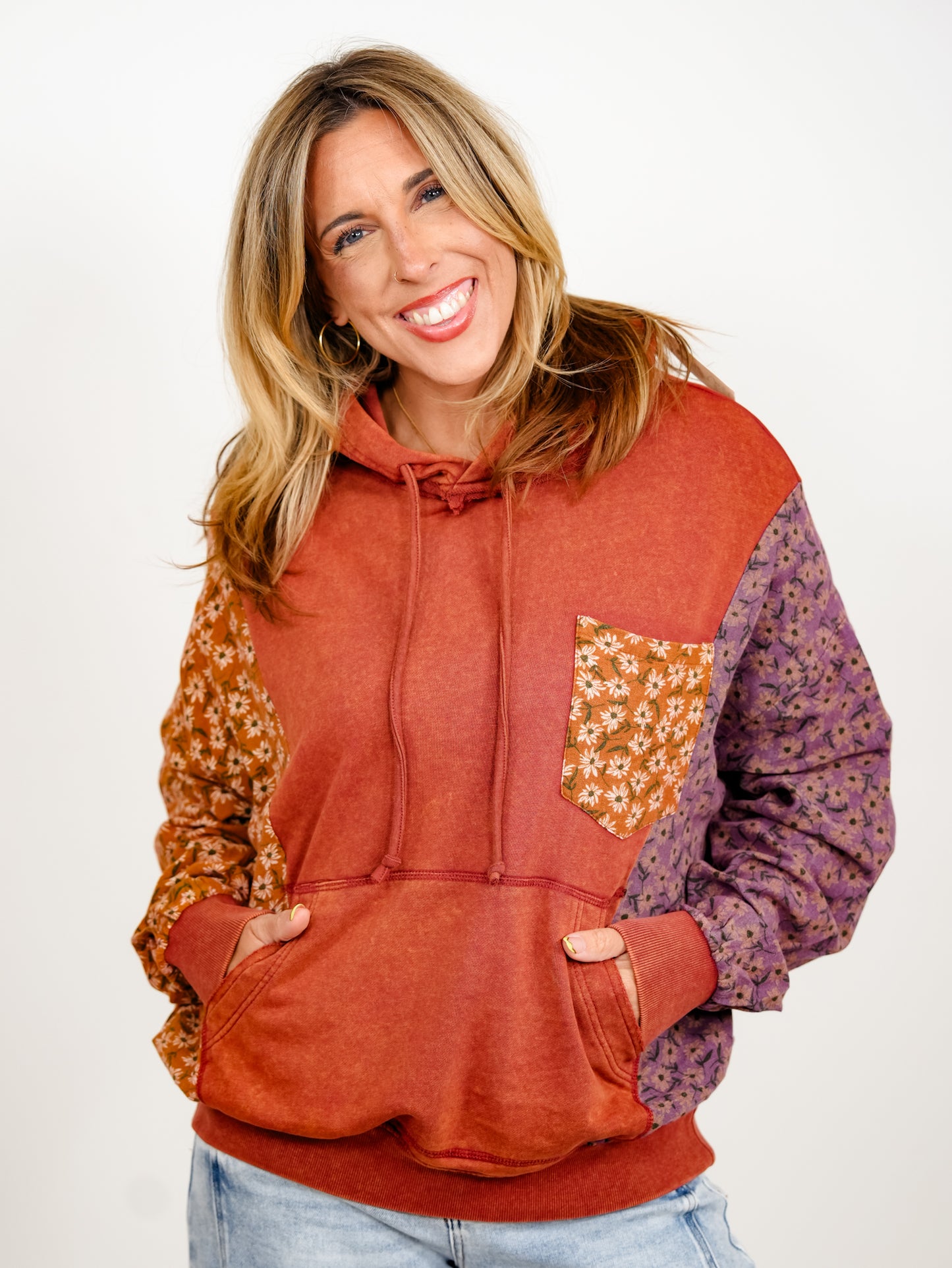 Floral Color Block Long Sleeve Pullover Hoodie