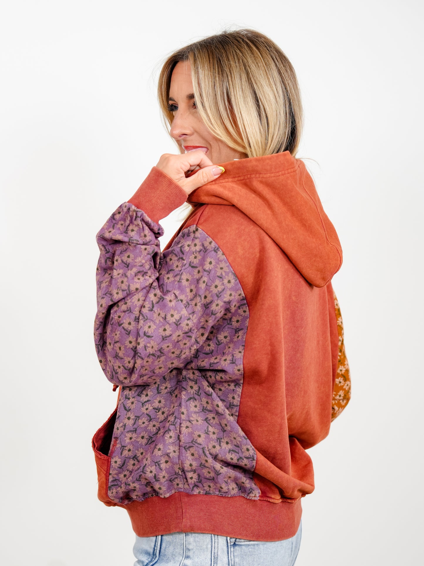 Floral Color Block Long Sleeve Pullover Hoodie