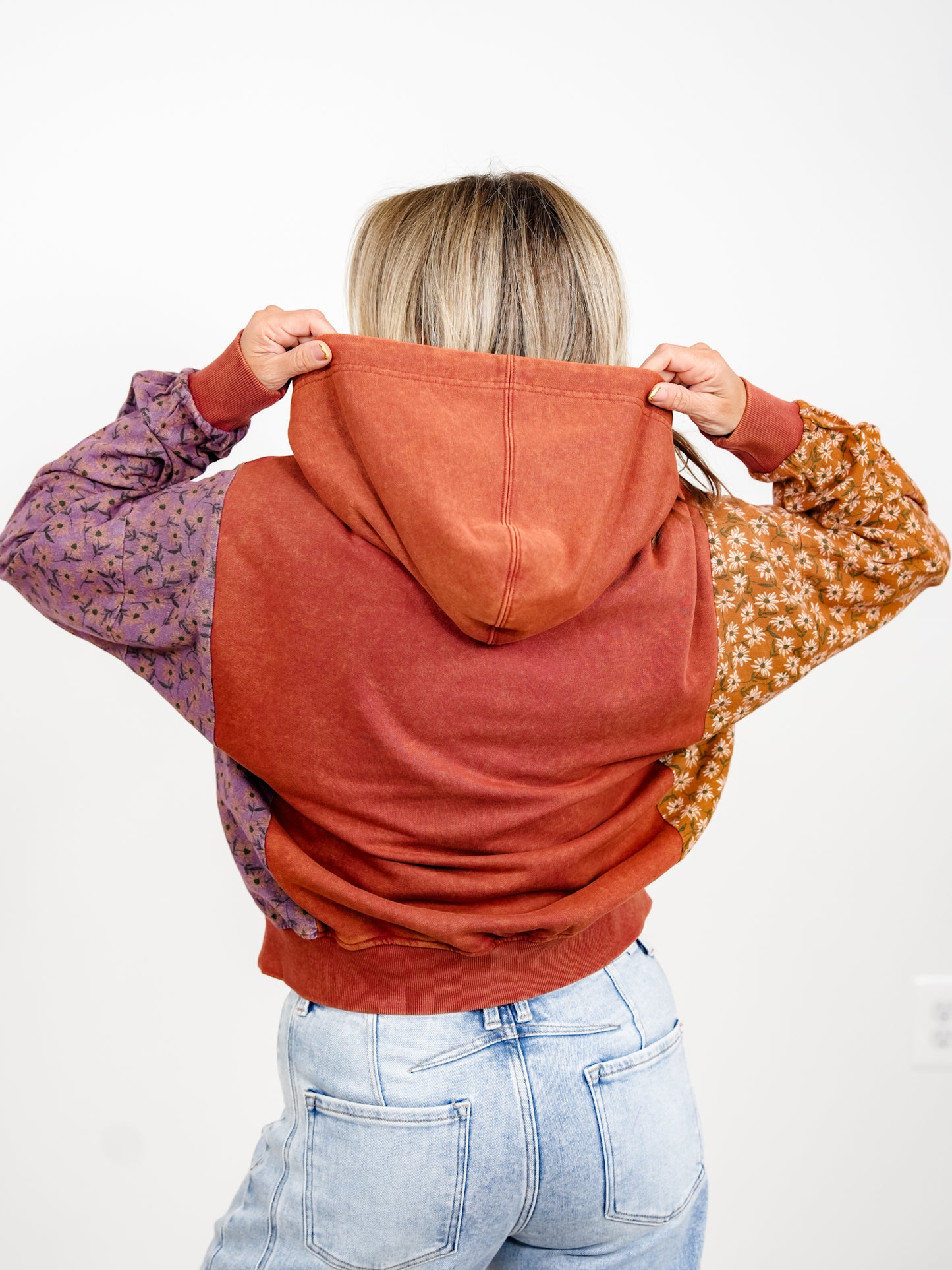 Floral Color Block Long Sleeve Pullover Hoodie