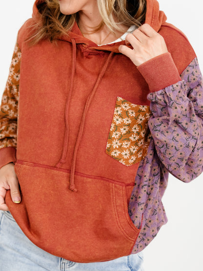 Floral Color Block Long Sleeve Pullover Hoodie