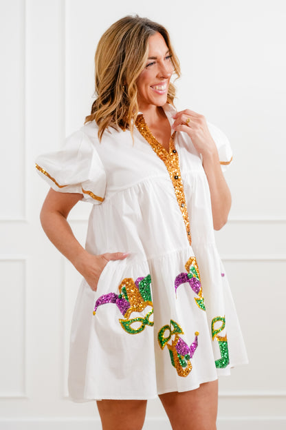 White Short Sleeve Button Up Dress with Sequin Mardi Gras Detail