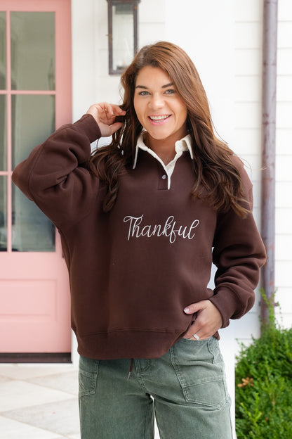 Long Sleeve Embroidered "Thankful" Collared Sweatshirt