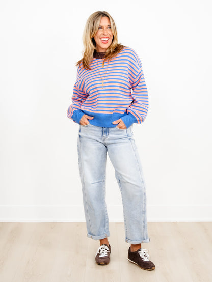 Crew Neck Striped Long Sleeve Sweater - Freckled Poppy
