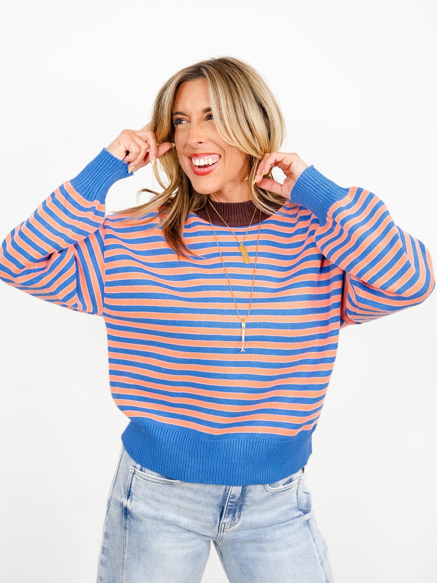 Crew Neck Striped Long Sleeve Sweater - Freckled Poppy