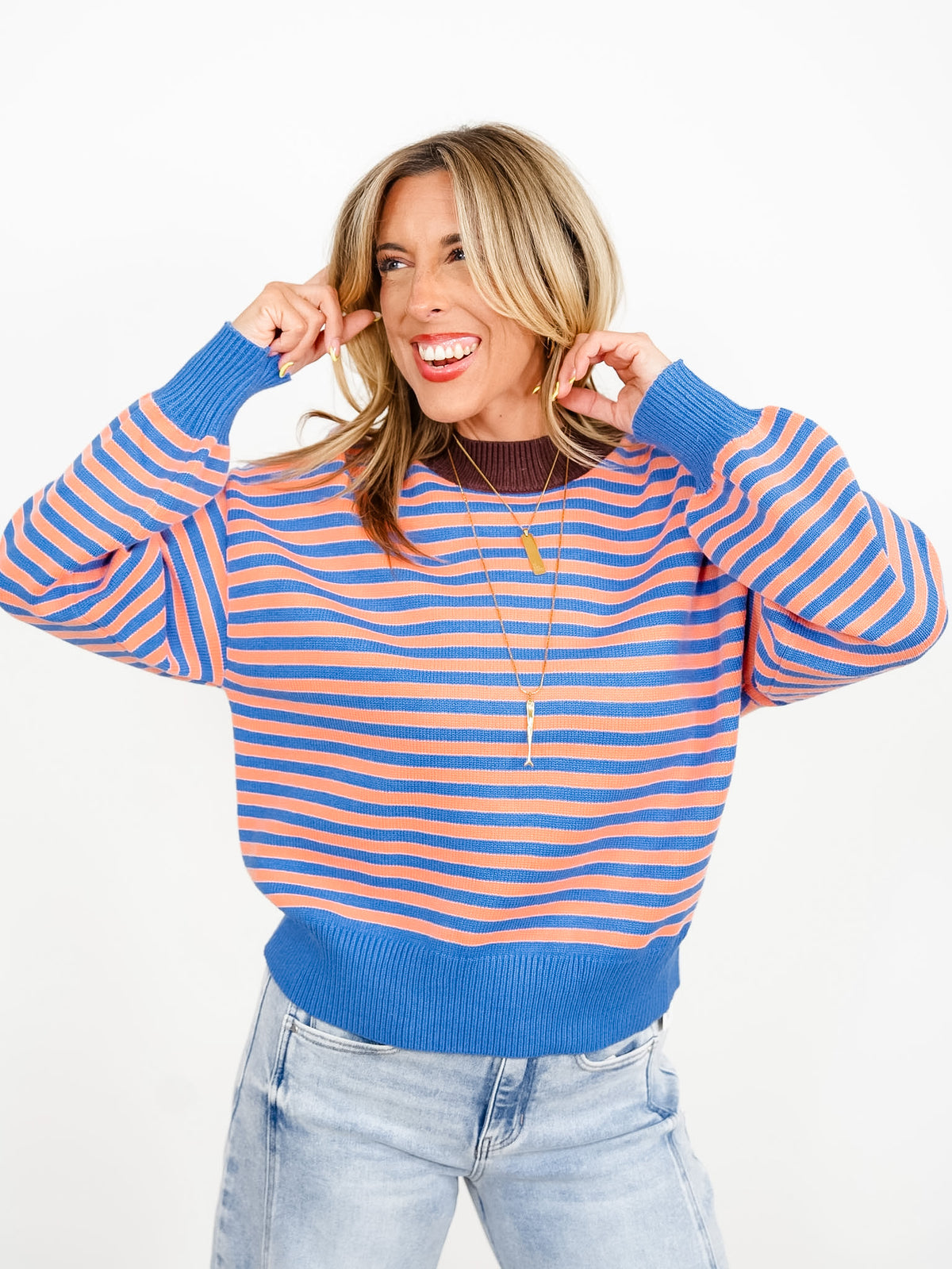 Crew Neck Striped Long Sleeve Sweater - Freckled Poppy