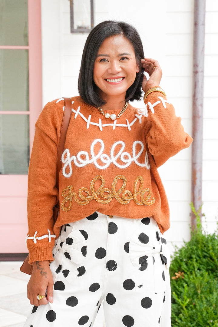 Long Sleeve "Gobble Gobble" Tinsel Pullover Sweater