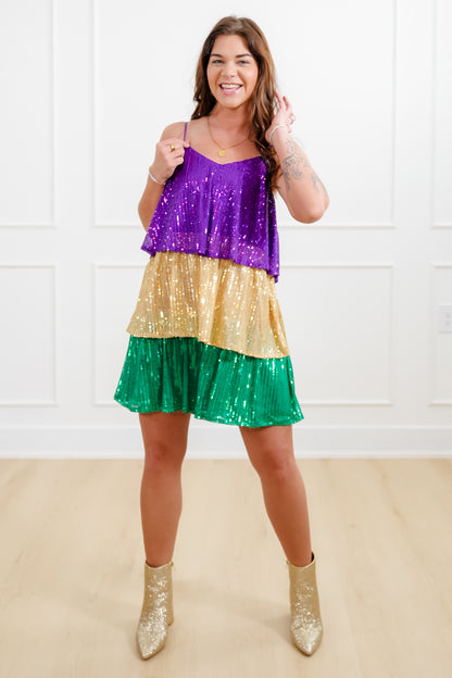 Mardi Gras Sleeveless Tiered Mini Sequin Dress