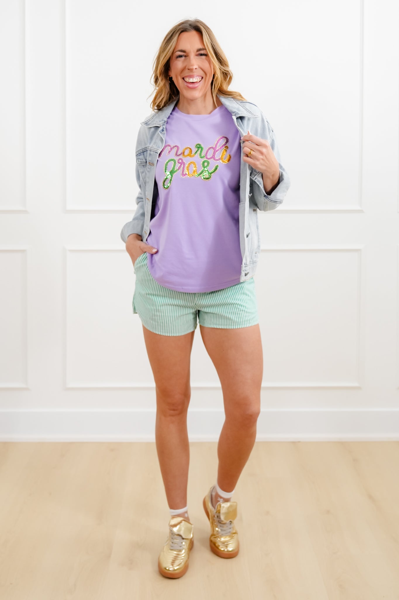 Plus/Reg Sequin Mardi Gras Short Sleeve Tee Shirt