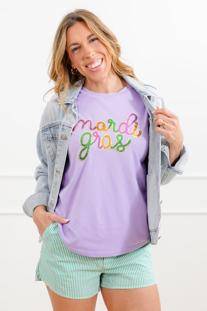 Plus/Reg Sequin Mardi Gras Short Sleeve Tee Shirt