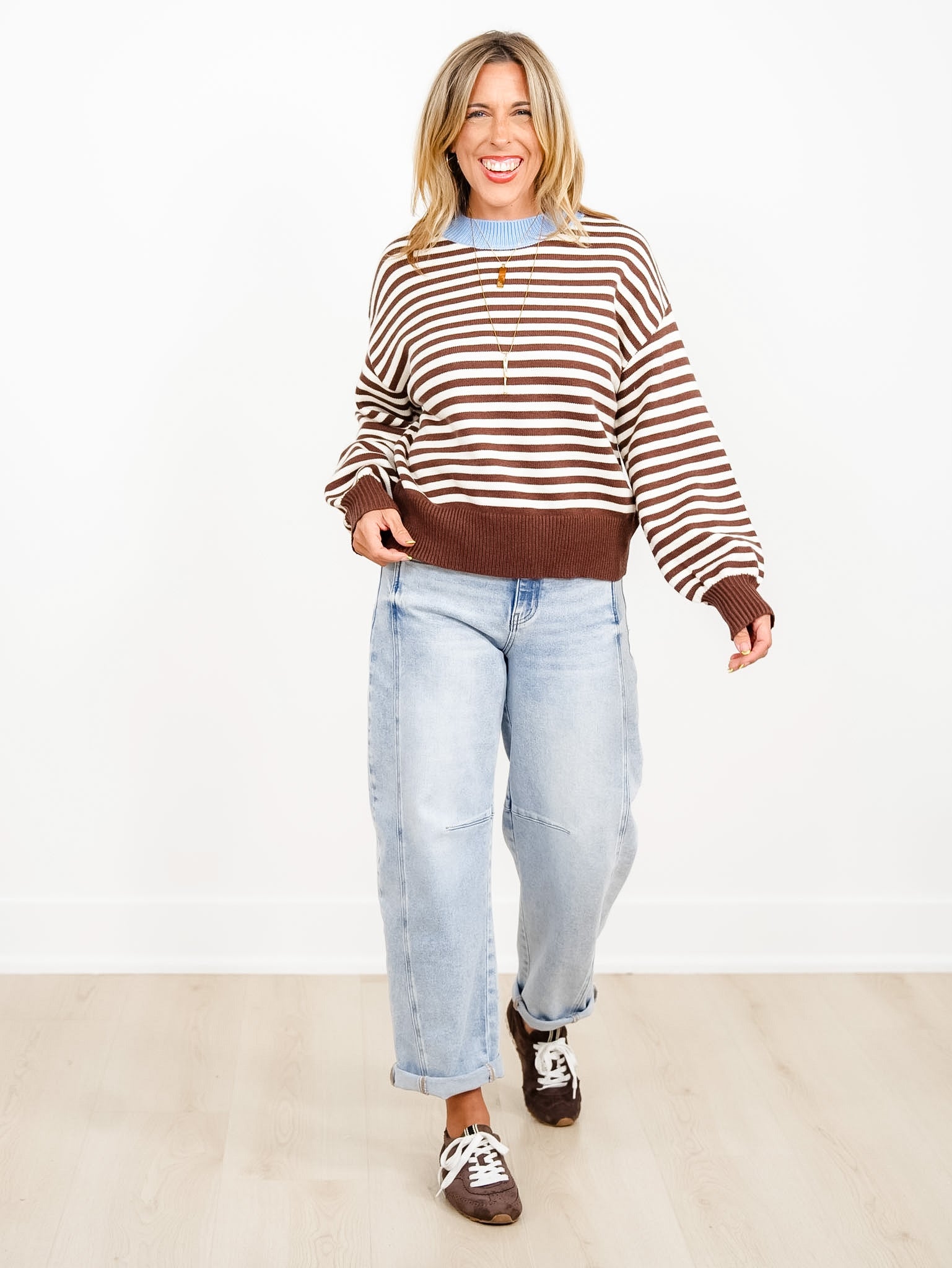 Crew Neck Striped Long Sleeve Sweater - Freckled Poppy