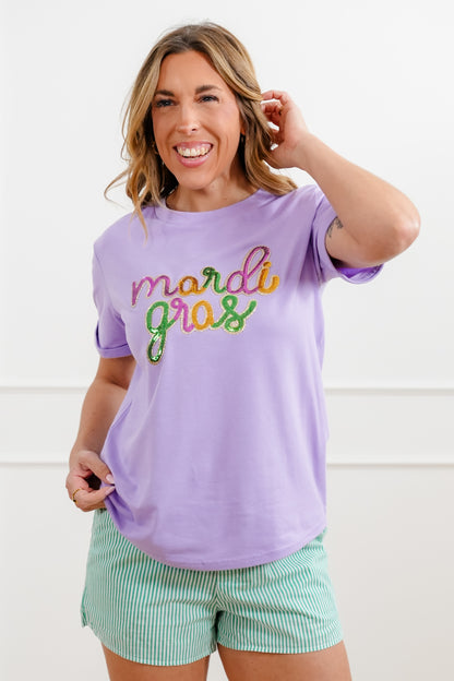 Plus/Reg Sequin Mardi Gras Short Sleeve Tee Shirt