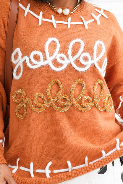 Long Sleeve "Gobble Gobble" Tinsel Pullover Sweater