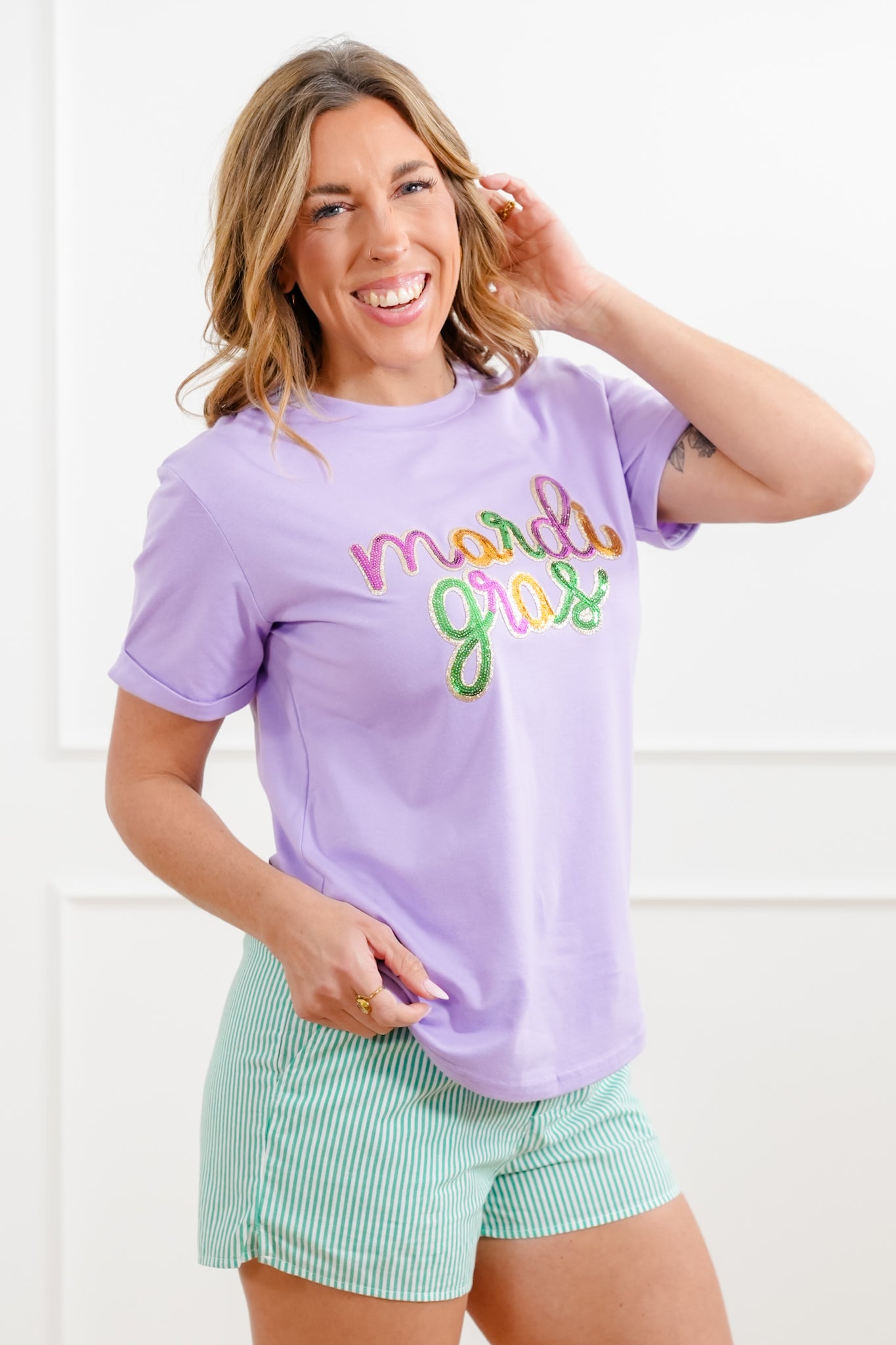 Plus/Reg Sequin Mardi Gras Short Sleeve Tee Shirt