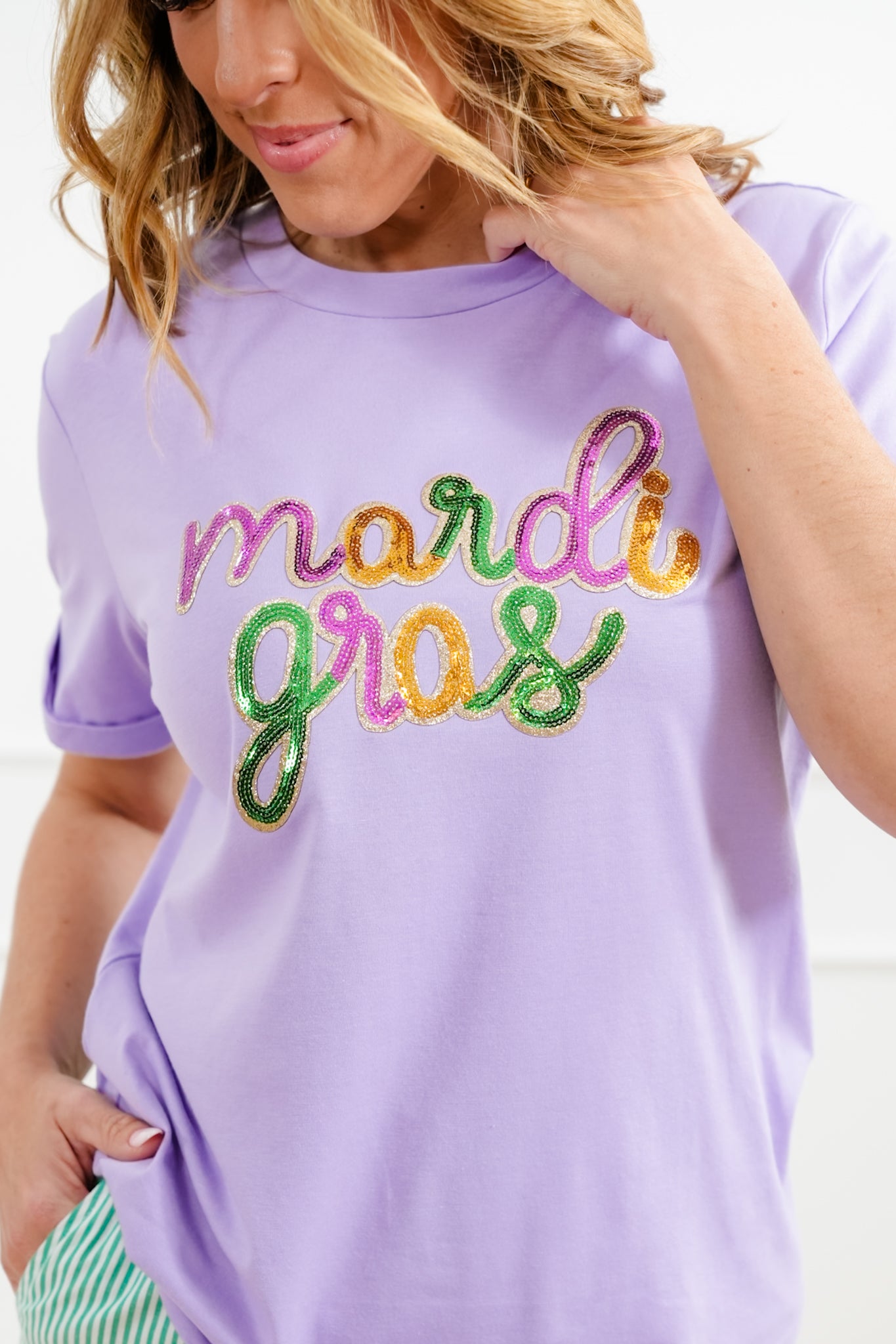 Plus/Reg Sequin Mardi Gras Short Sleeve Tee Shirt