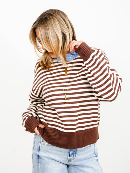 Crew Neck Striped Long Sleeve Sweater - Freckled Poppy