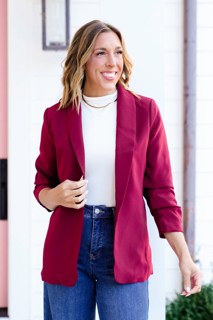 Door Buster! Zenana Woven 3/4 Ruched Sleeve Open Front Classic Blazer