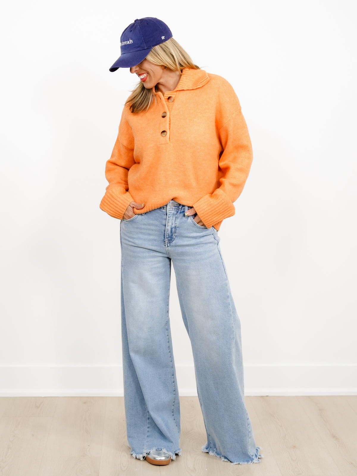 Solid Long Sleeve Button Up Collared Sweater - Freckled Poppy