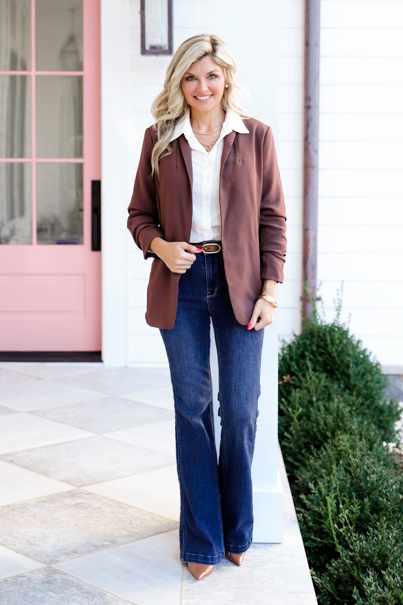 Door Buster! Zenana Woven 3/4 Ruched Sleeve Open Front Classic Blazer