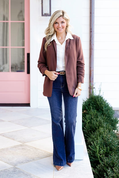 Door Buster! Zenana Woven 3/4 Ruched Sleeve Open Front Classic Blazer