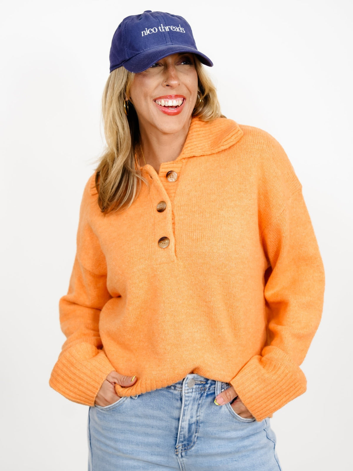 Solid Long Sleeve Button Up Collared Sweater - Freckled Poppy