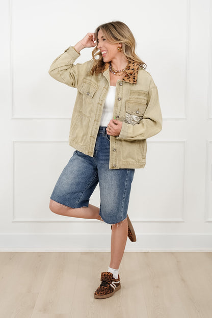 POL Long Sleeve Jacket with Leopard Collar