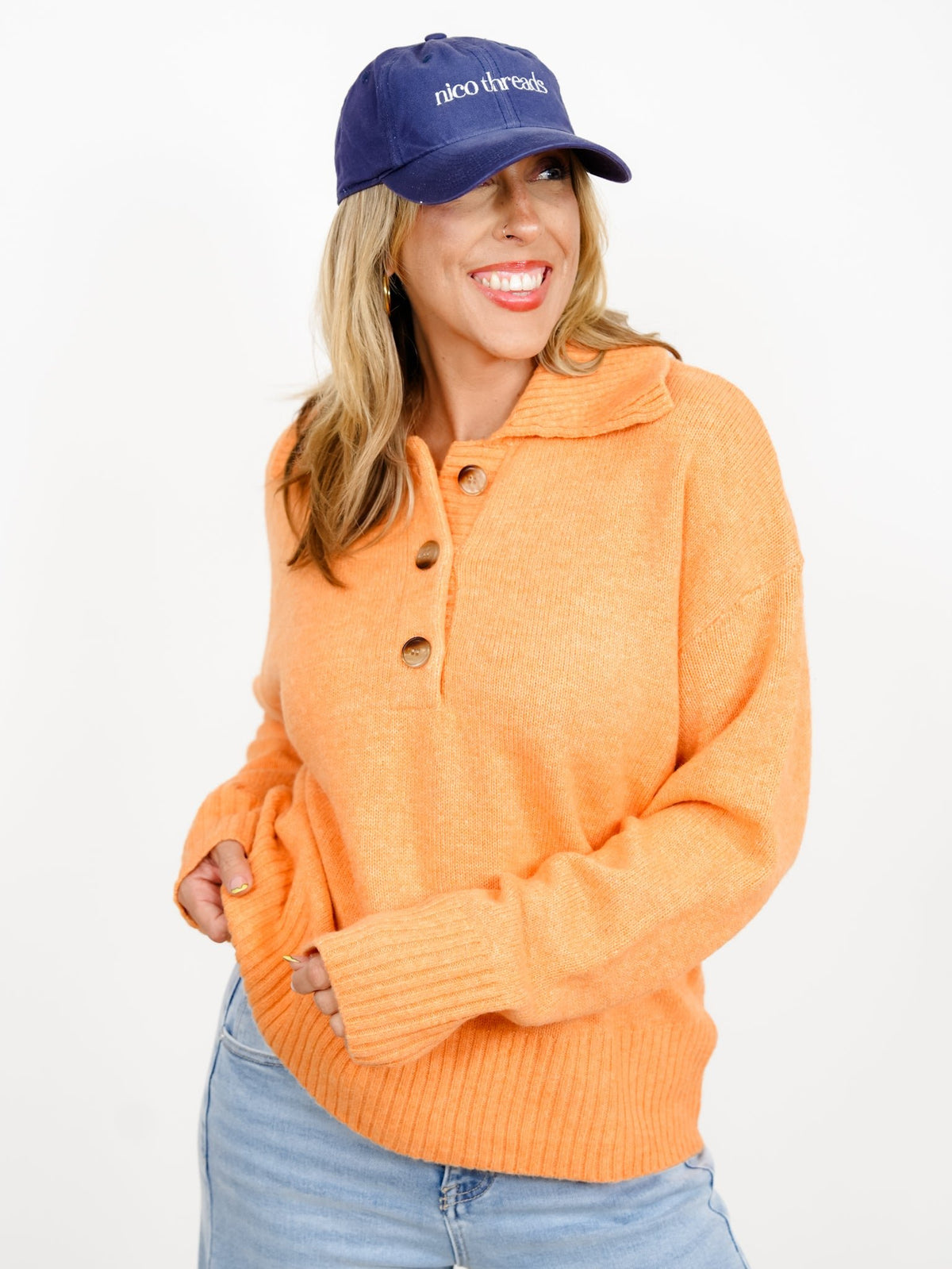 Solid Long Sleeve Button Up Collared Sweater - Freckled Poppy
