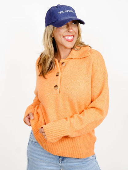Solid Long Sleeve Button Up Collared Sweater - Freckled Poppy