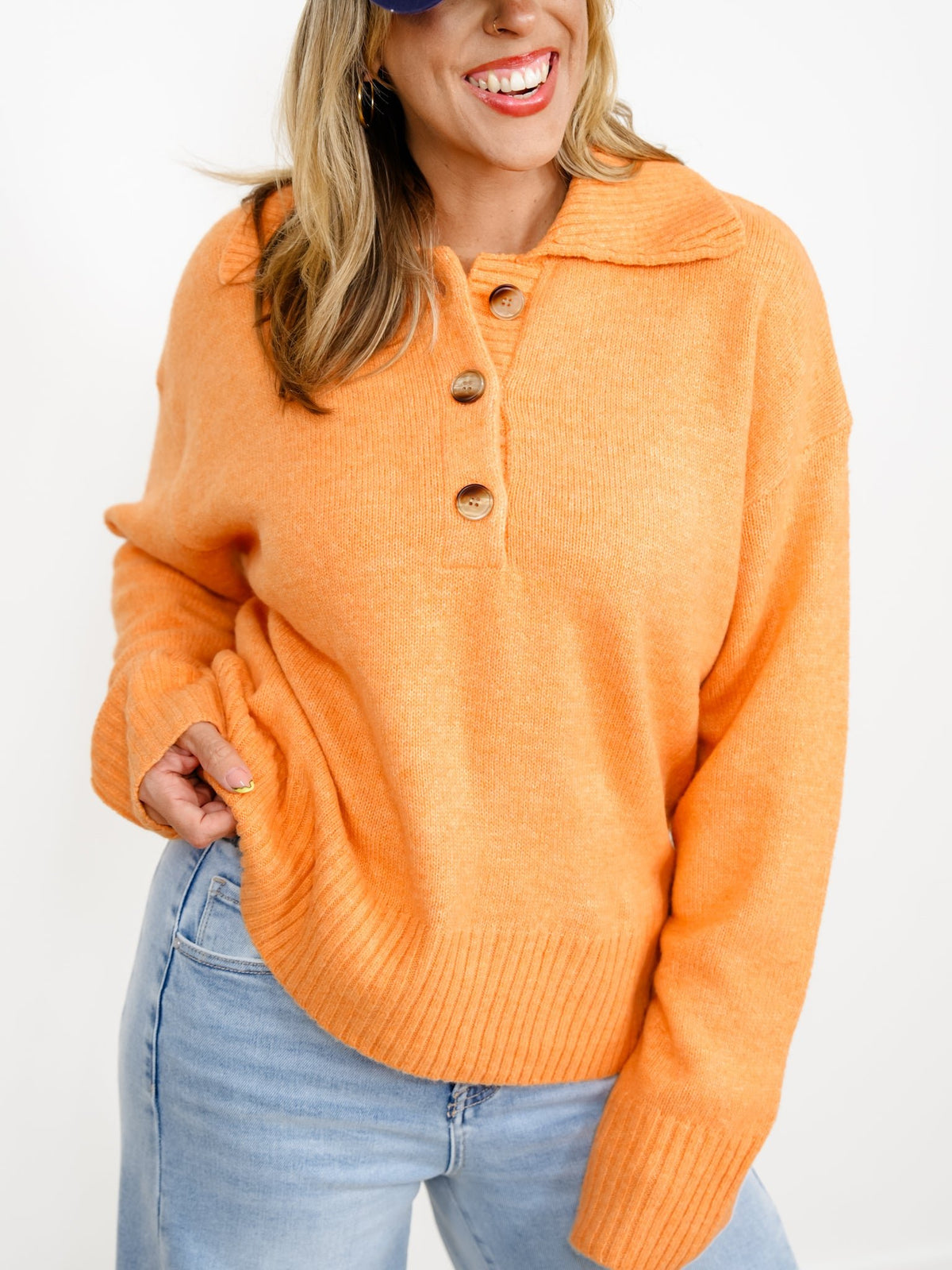 Solid Long Sleeve Button Up Collared Sweater - Freckled Poppy
