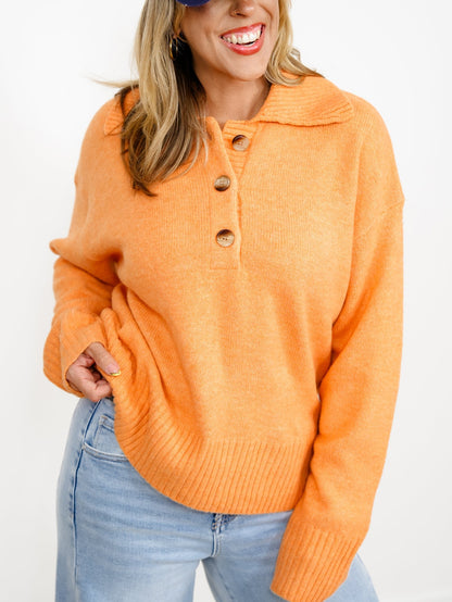 Solid Long Sleeve Button Up Collared Sweater - Freckled Poppy