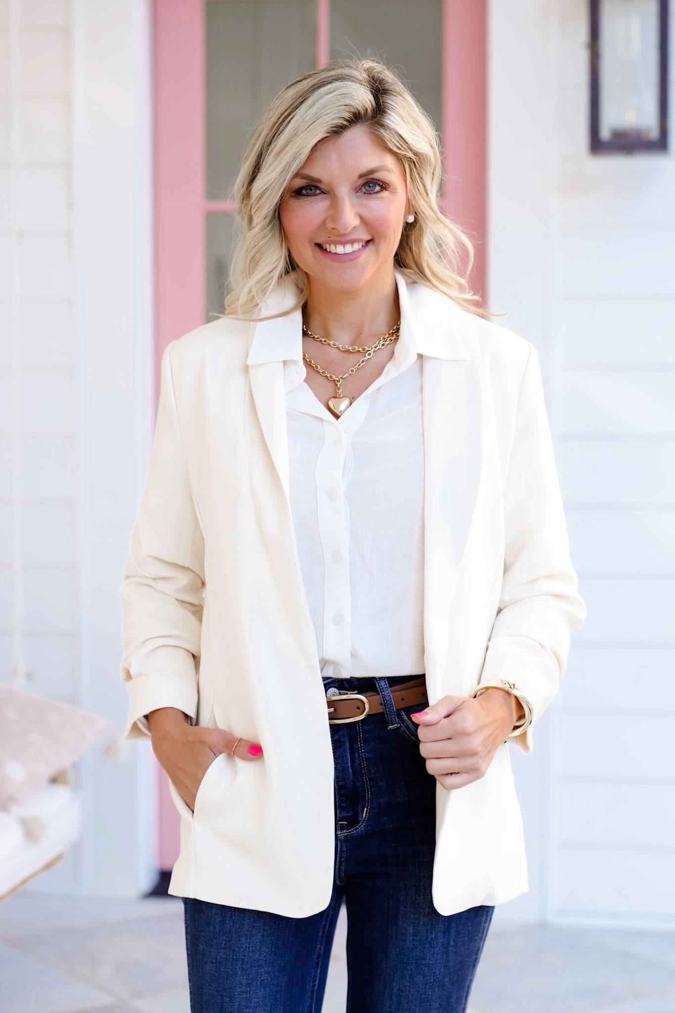 Door Buster! Zenana Woven 3/4 Ruched Sleeve Open Front Classic Blazer