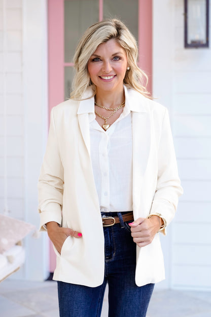 Door Buster! Zenana Woven 3/4 Ruched Sleeve Open Front Classic Blazer