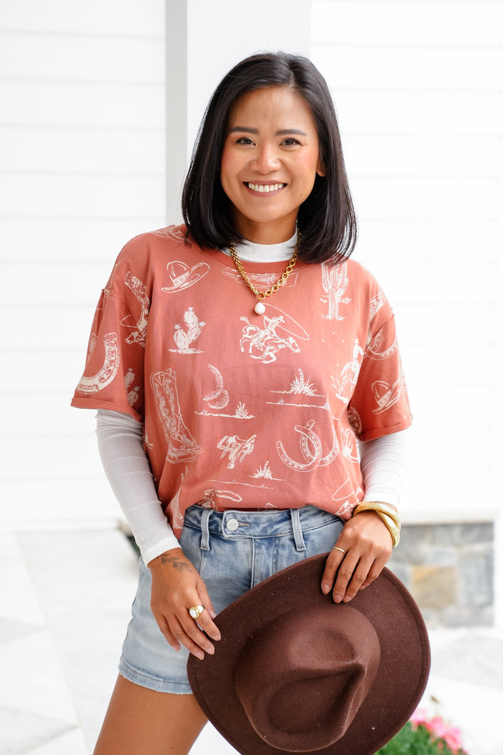 Western Print Short Sleeve Round Neck Tee Shirt