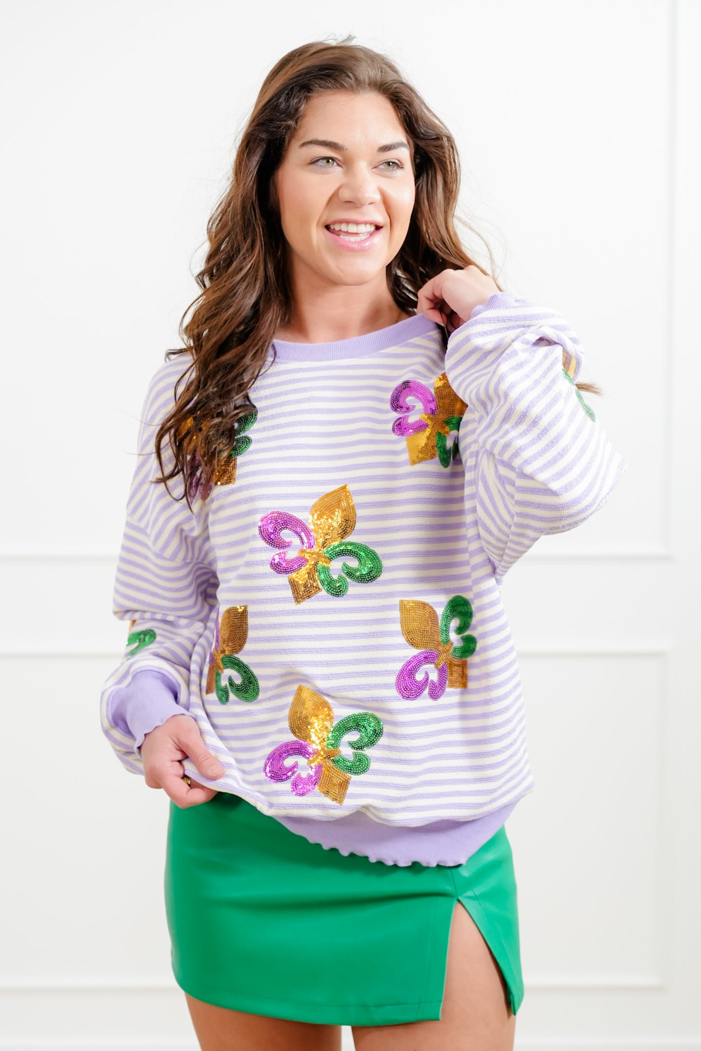 Plus/Reg Stripe Long Sleeve Pullover Top with Sequin Fleur De Lis Patch Detail