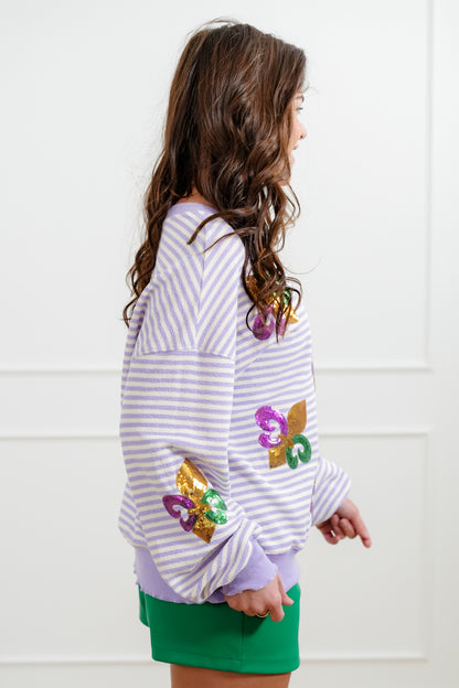 Plus/Reg Stripe Long Sleeve Pullover Top with Sequin Fleur De Lis Patch Detail