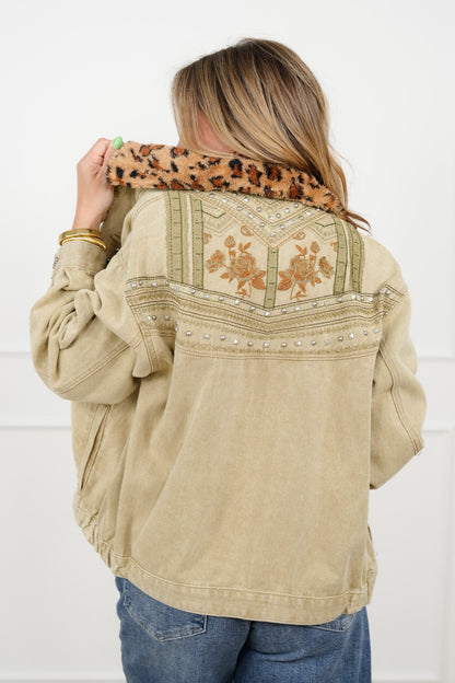 POL Long Sleeve Jacket with Leopard Collar